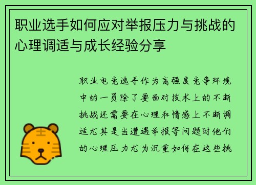 职业选手如何应对举报压力与挑战的心理调适与成长经验分享 职业选手如何应对举报压力与挑战的心理调适与成长经验分享
